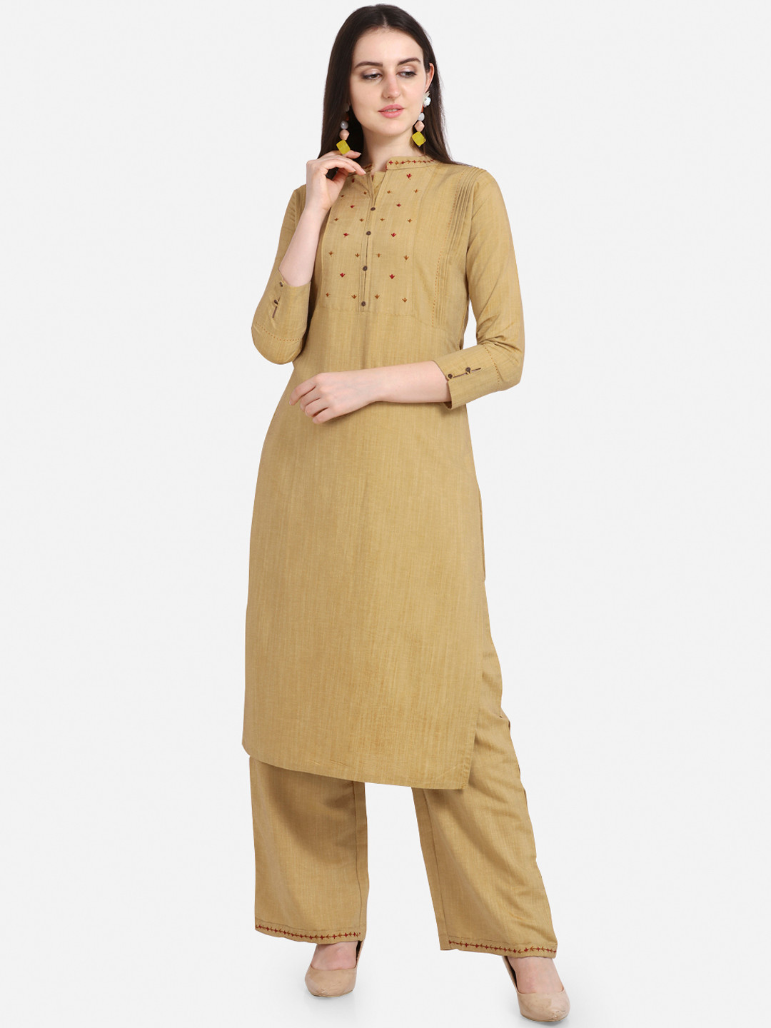 

Kvsfab Women Brown Yoke Design Cotton Blend Kurta with Palazzos