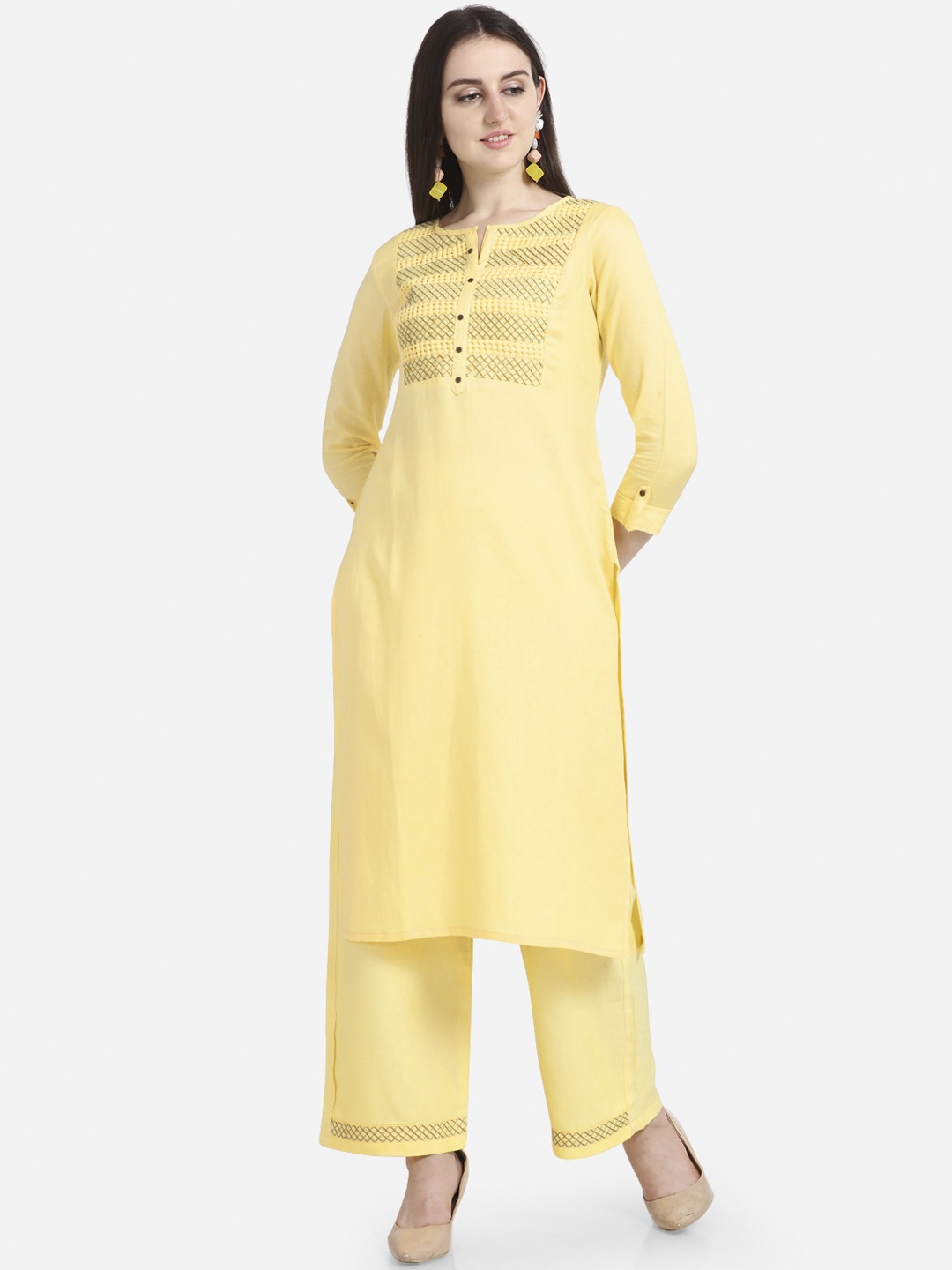 

Kvsfab Women Yellow Yoke Design Kurti with Palazzos