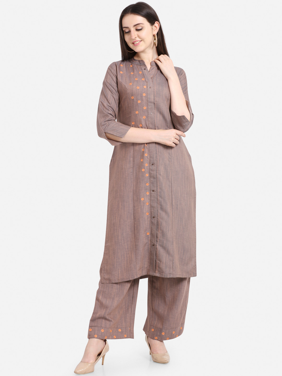 

Kvsfab Women Taupe Embroidered Kurta with Palazzos