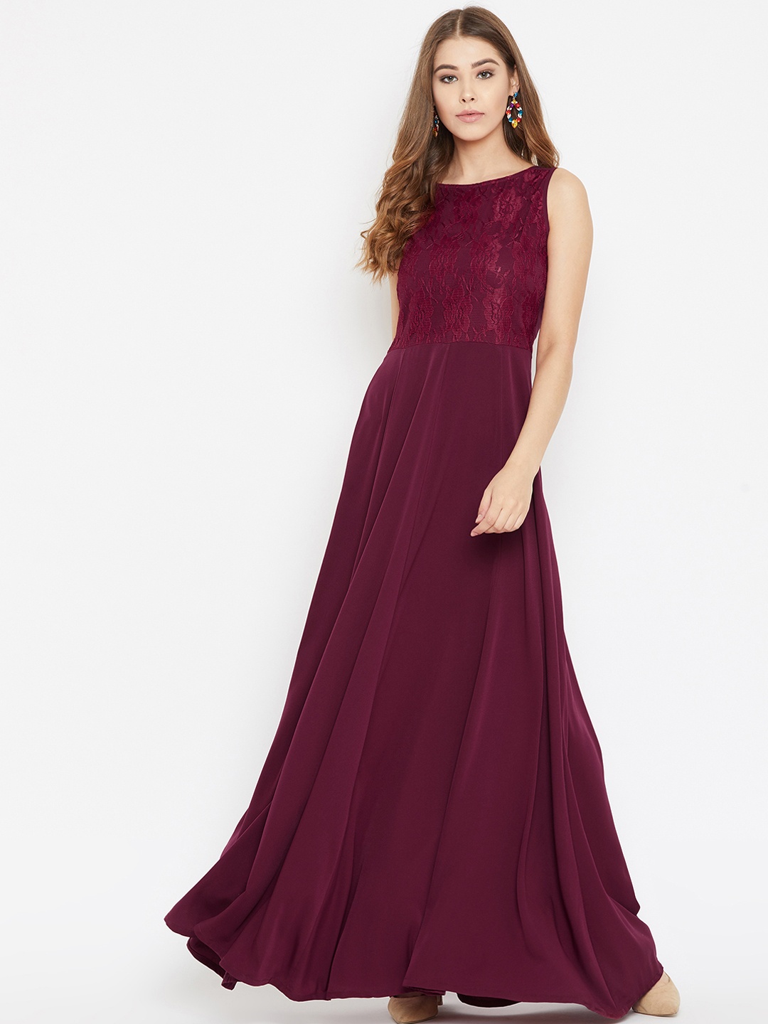 

Uptownie Lite Women Maroon Lace Maxi Dress