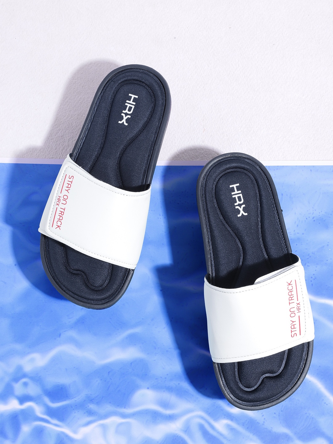 

HRX by Hrithik Roshan Men White & Navy Blue Memory Foam Sliders