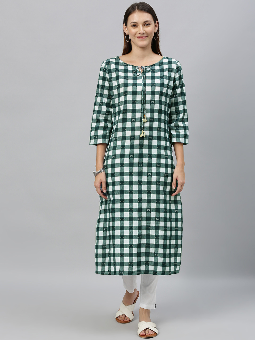 

Anouk Women Teal Green & White Checked Straight Tie-Up Neck Kurta
