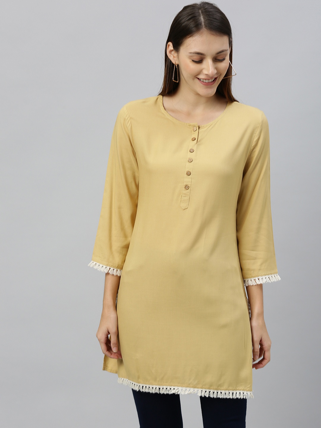 

Anouk Women Beige Solid Straight Kurta with Frayed Taping Detail