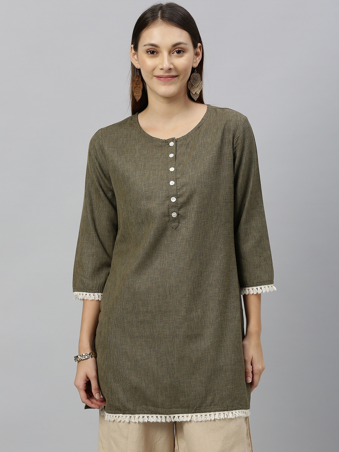 

Anouk Women Olive Green Solid Straight Kurta with Tassels Detail