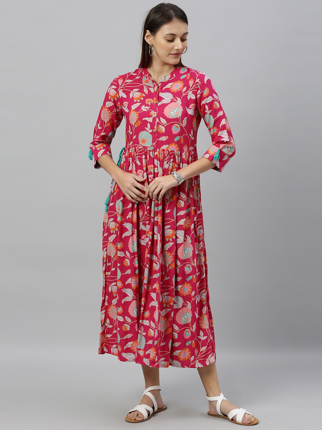 

Anouk Women Pink & Turquoise Blue Printed A-Line Fusion Kurta with Tassel Detail