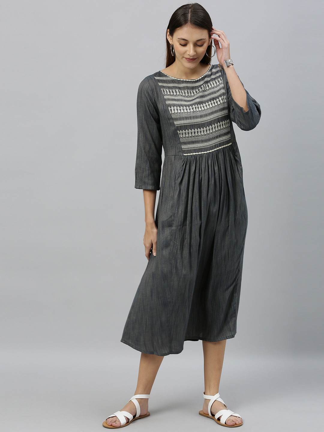 

Anouk Women Grey & White Embroidered A-Line Fusion Kurta