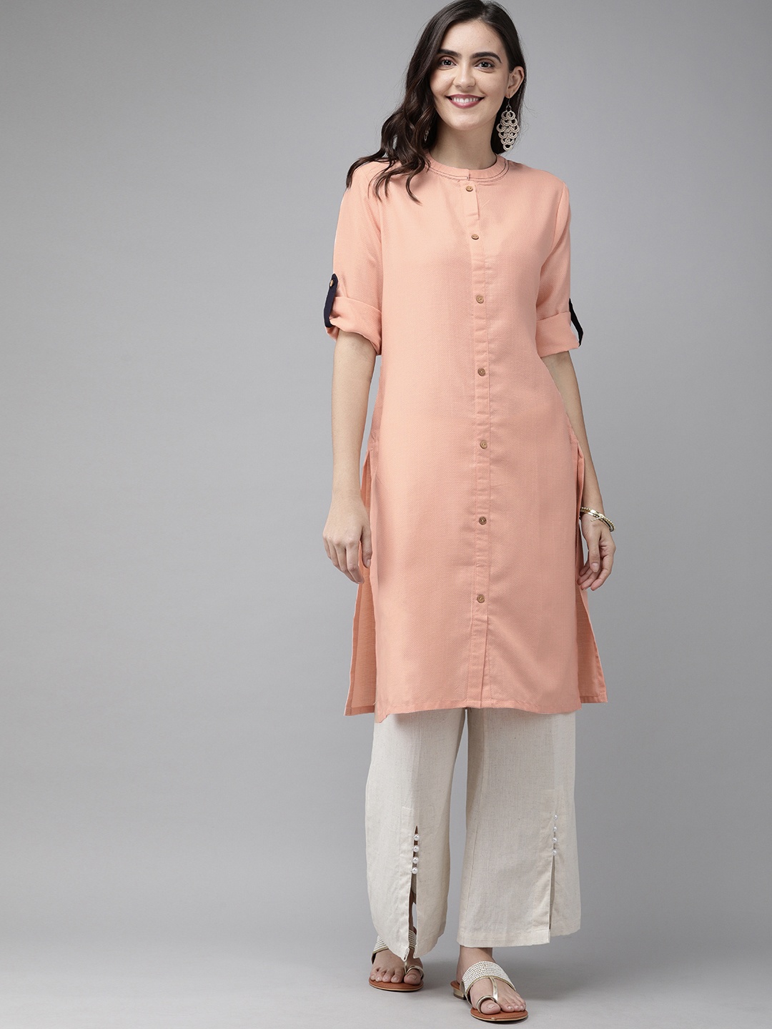 

Anouk Women Peach-Coloured Solid Straight Kurta