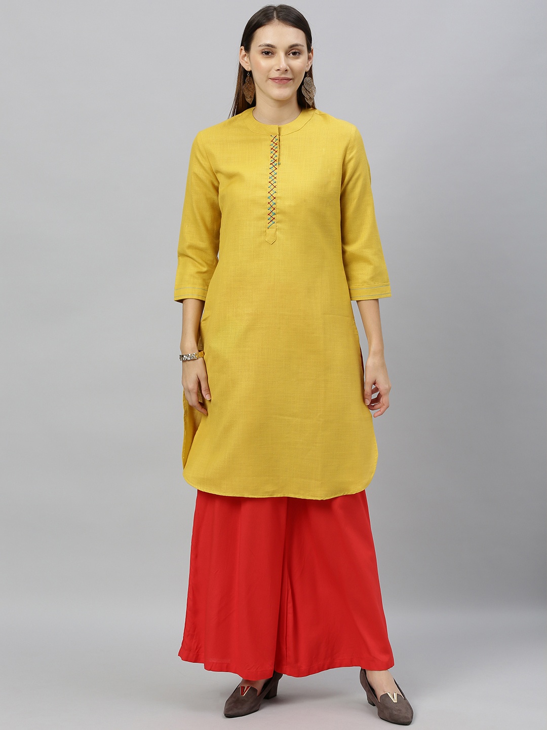 

Anouk Women Mustard Yellow Solid Straight Kurta
