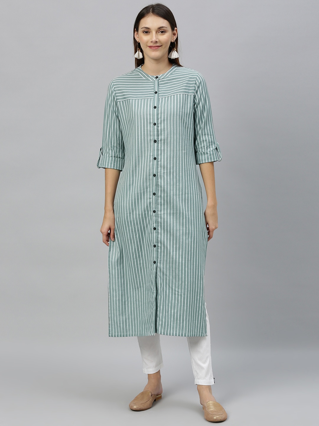 

Anouk Women Blue & White Striped Straight Kurta