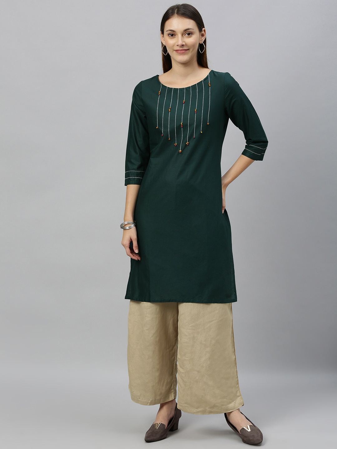 

Anouk Women Teal Green Solid Straight Kurta with Embroidered Detail