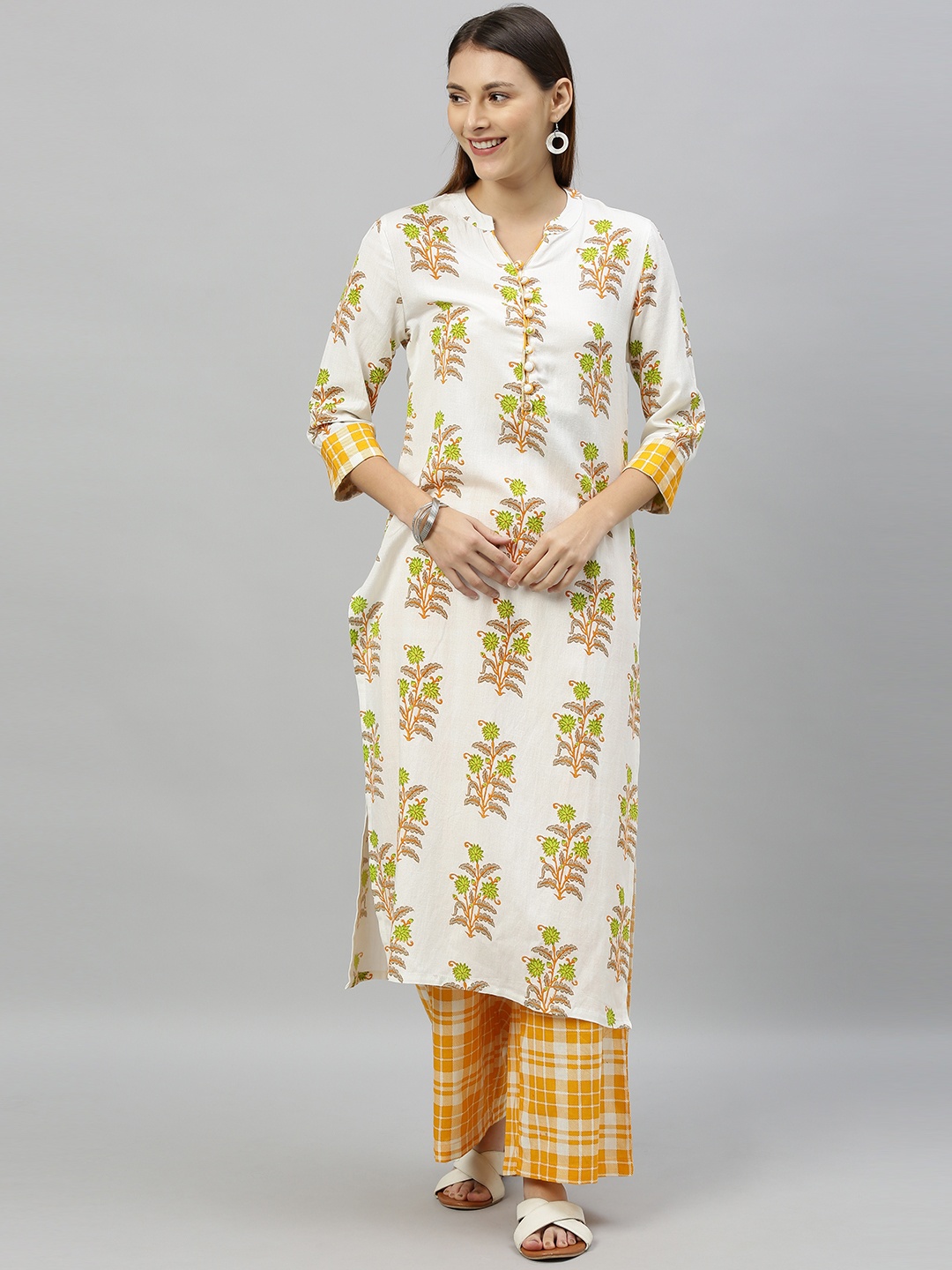 

Anouk Women Off-White & Mustard Yellow Printed Kurta with Palazzos