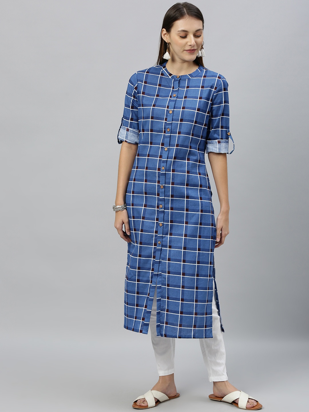 

Anouk Women Blue & Black Checked Straight Kurta