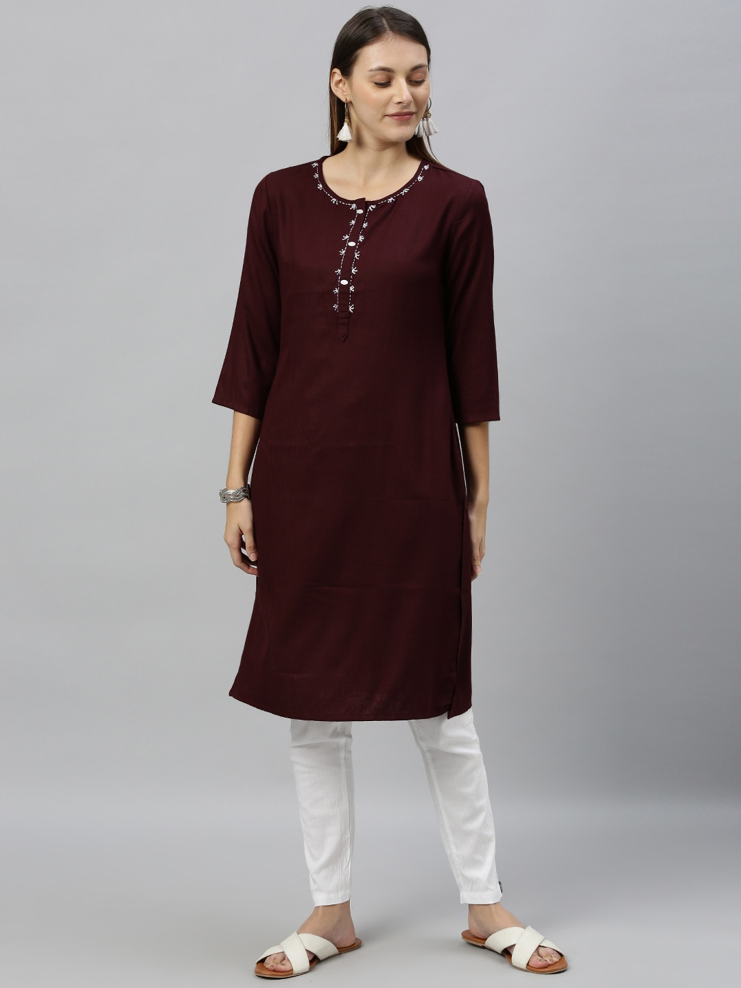 

Anouk Women Burgundy Solid Straight Kurta with Thread Work Detail