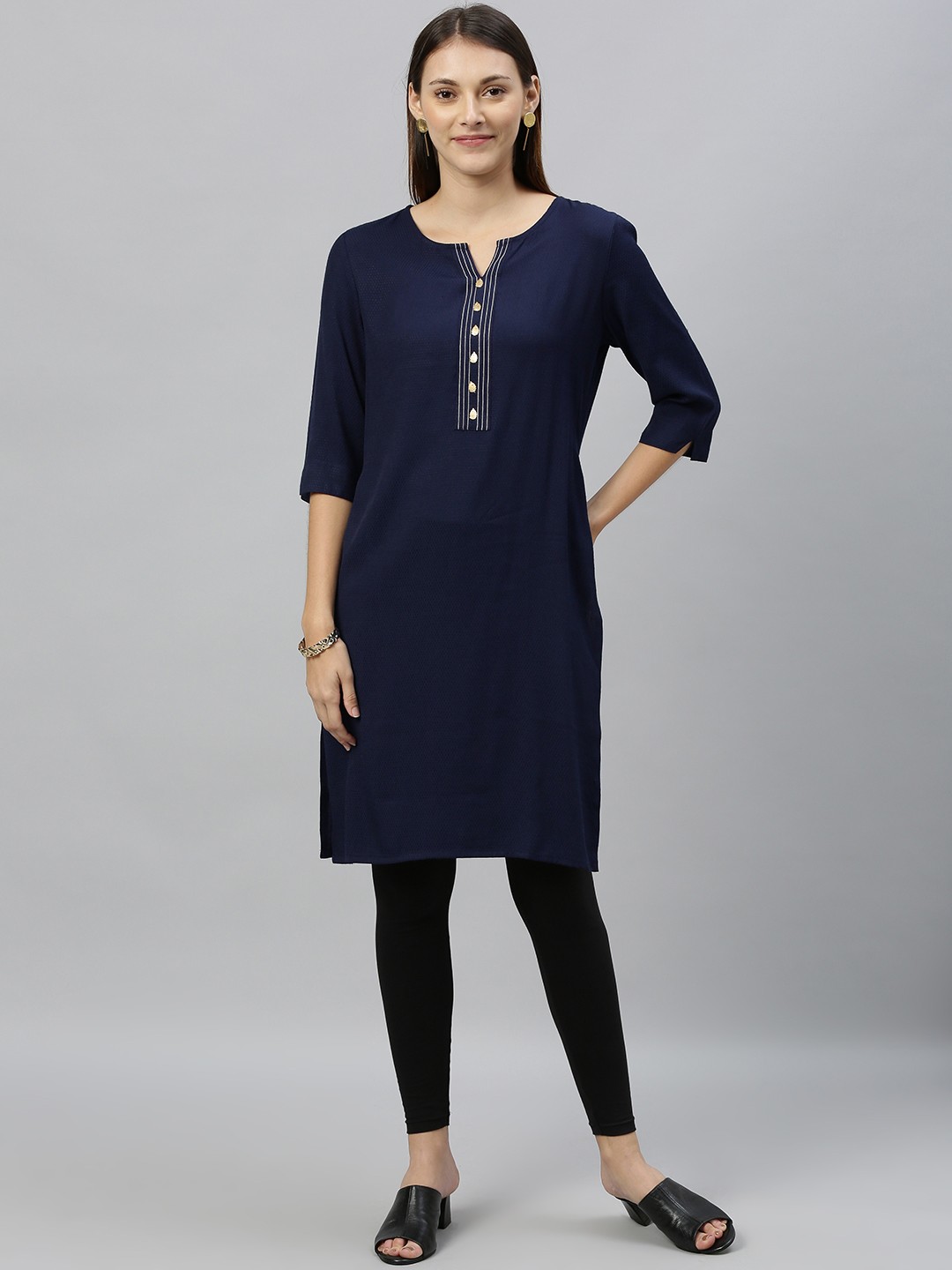 

Anouk Women Navy Blue Woven Design Straight Kurta