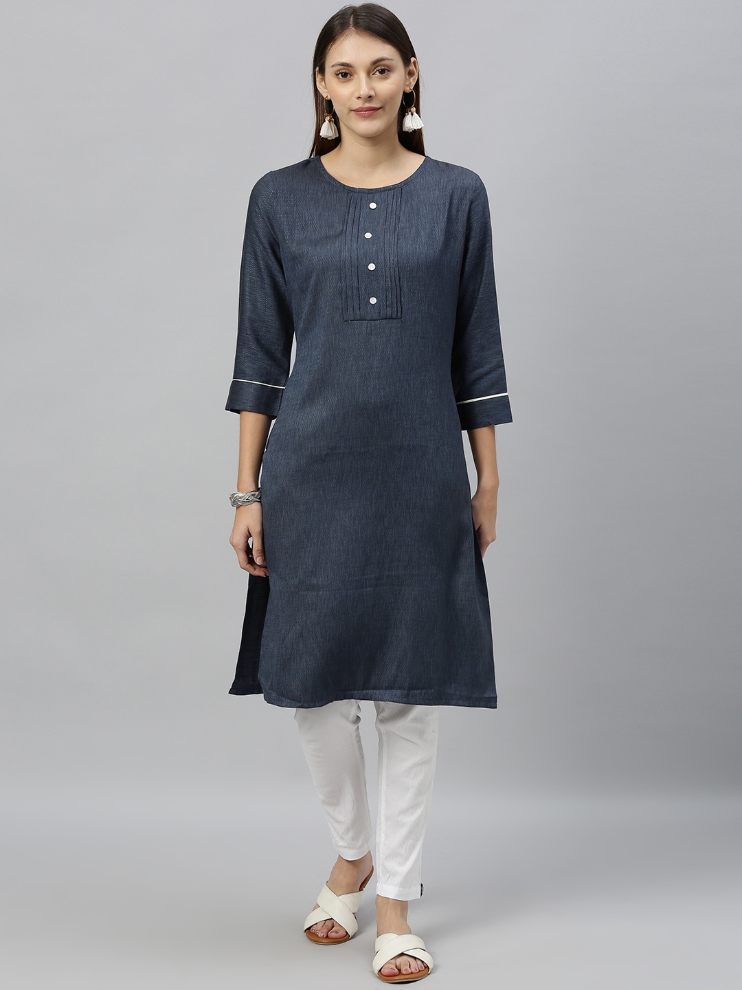 

Anouk Women Navy Blue Solid Straight Kurta With Front Tucks