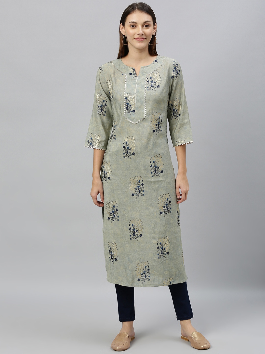 

Anouk Women Grey Floral Printed Straight Kurta