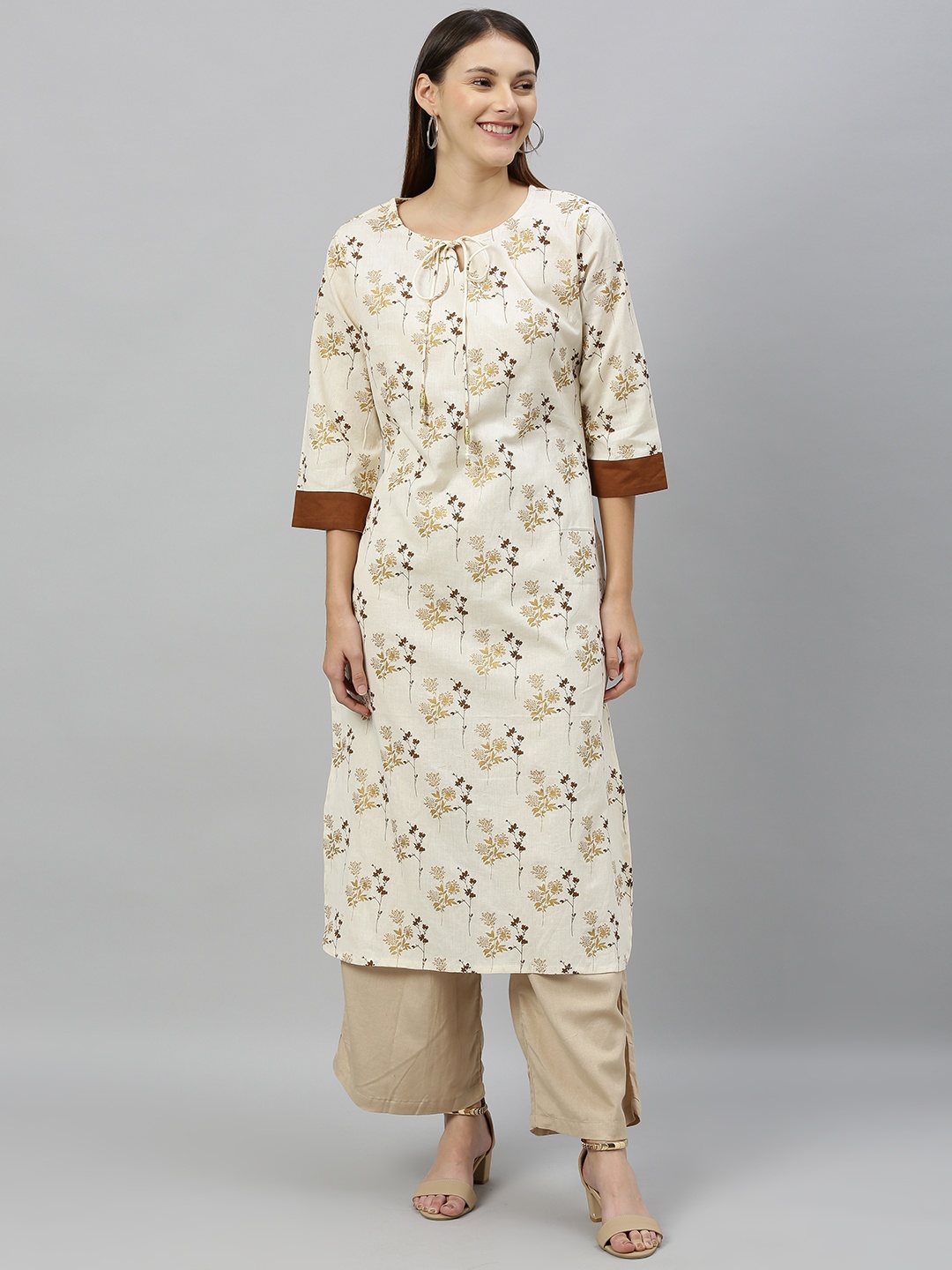 

Anouk Women Off-White & Brown Floral Printed Straight Kurta