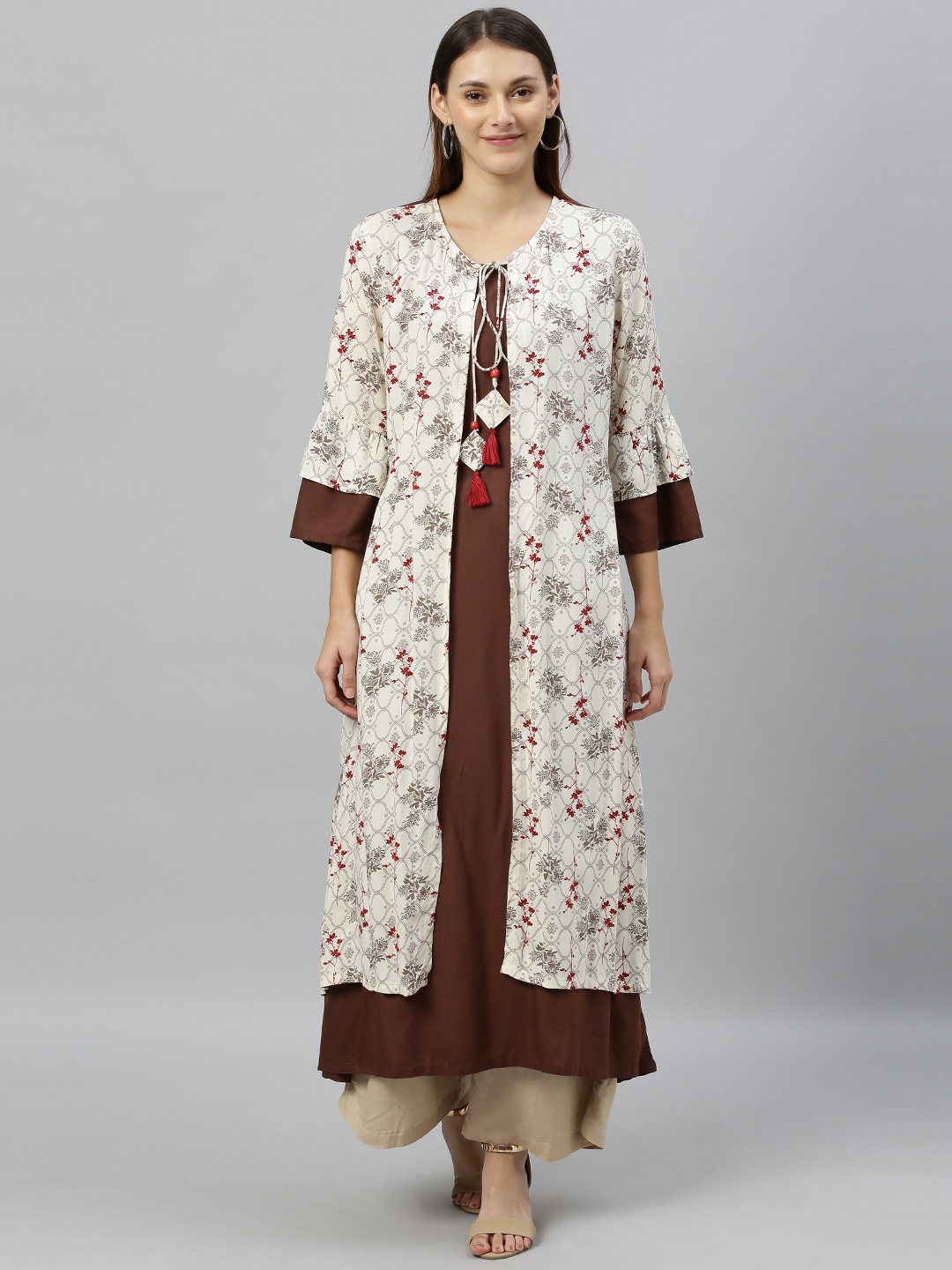 

Anouk Women White & Brown Printed Layered A-Line Kurta