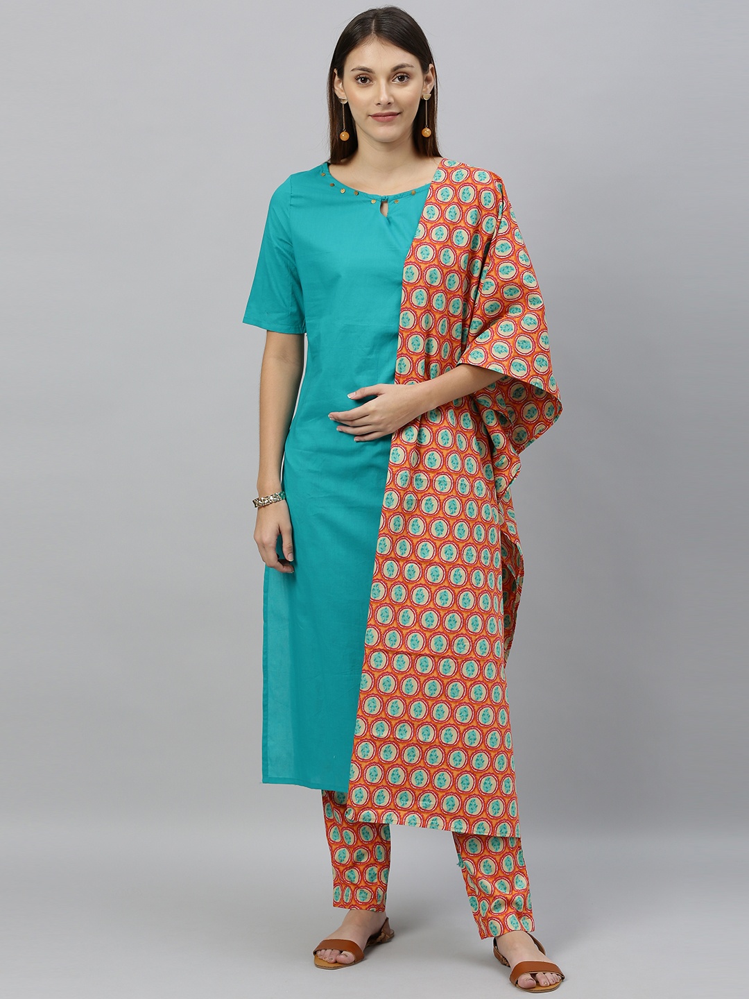 

Anouk Women Turquoise Blue & Orange Solid Kurta with Trousers & Dupatta