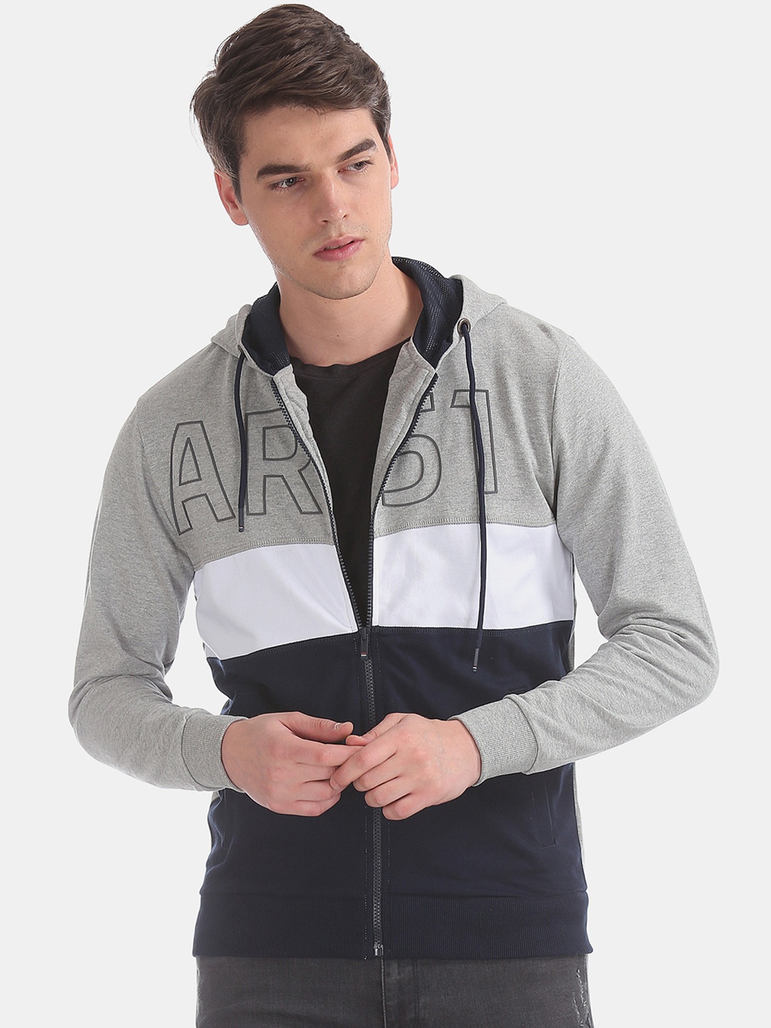 

Arrow Sport Men Grey & Navy Blue Colourblocked Hooded Sweatshirt