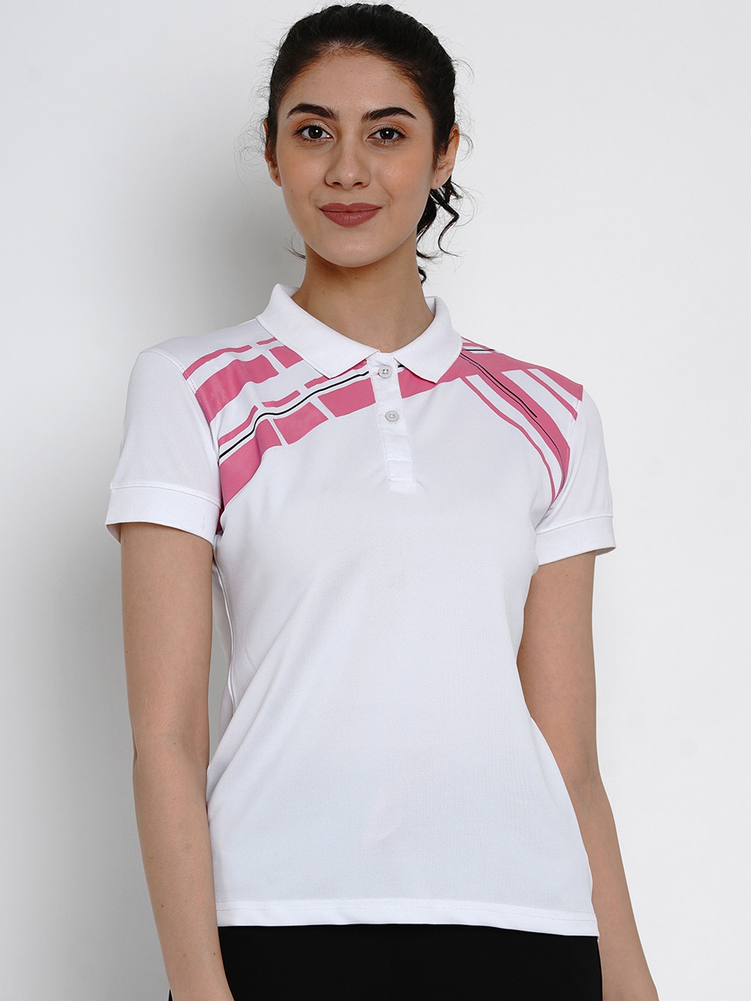 

ARMISTO Women White & Pink Printed Polo Collar Dri-FIT T-shirt