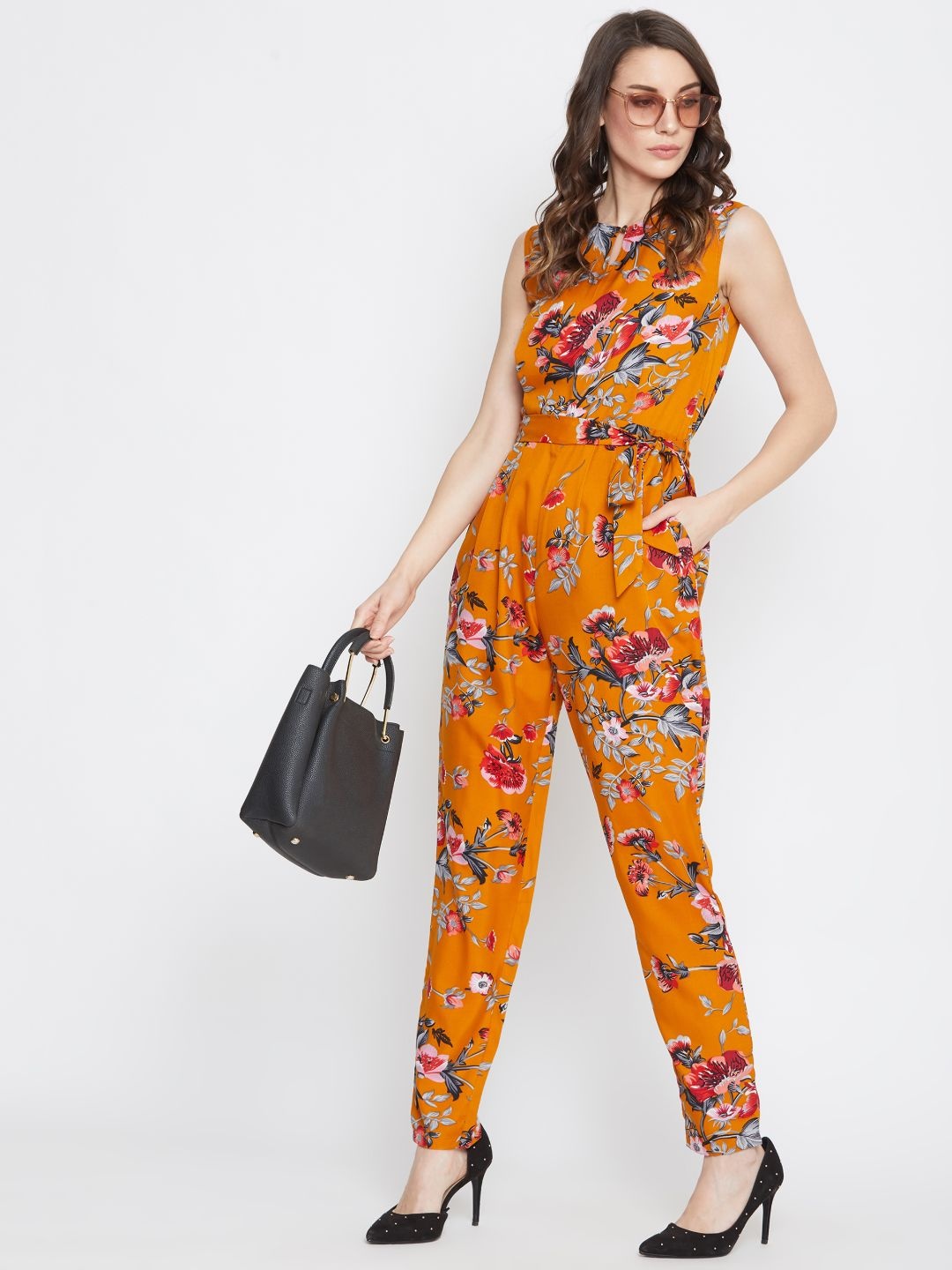 

Uptownie Lite Women Mustard Yellow & Orange Printed Basic Jumpsuit with Waist Tie Up