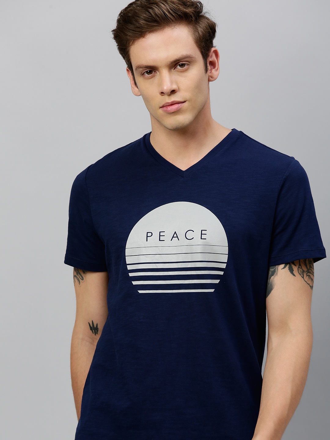 

HRX by Hrithik Roshan Men Navy Printed Bio-Wash Yoga Pure Cotton T-shirt, Navy blue