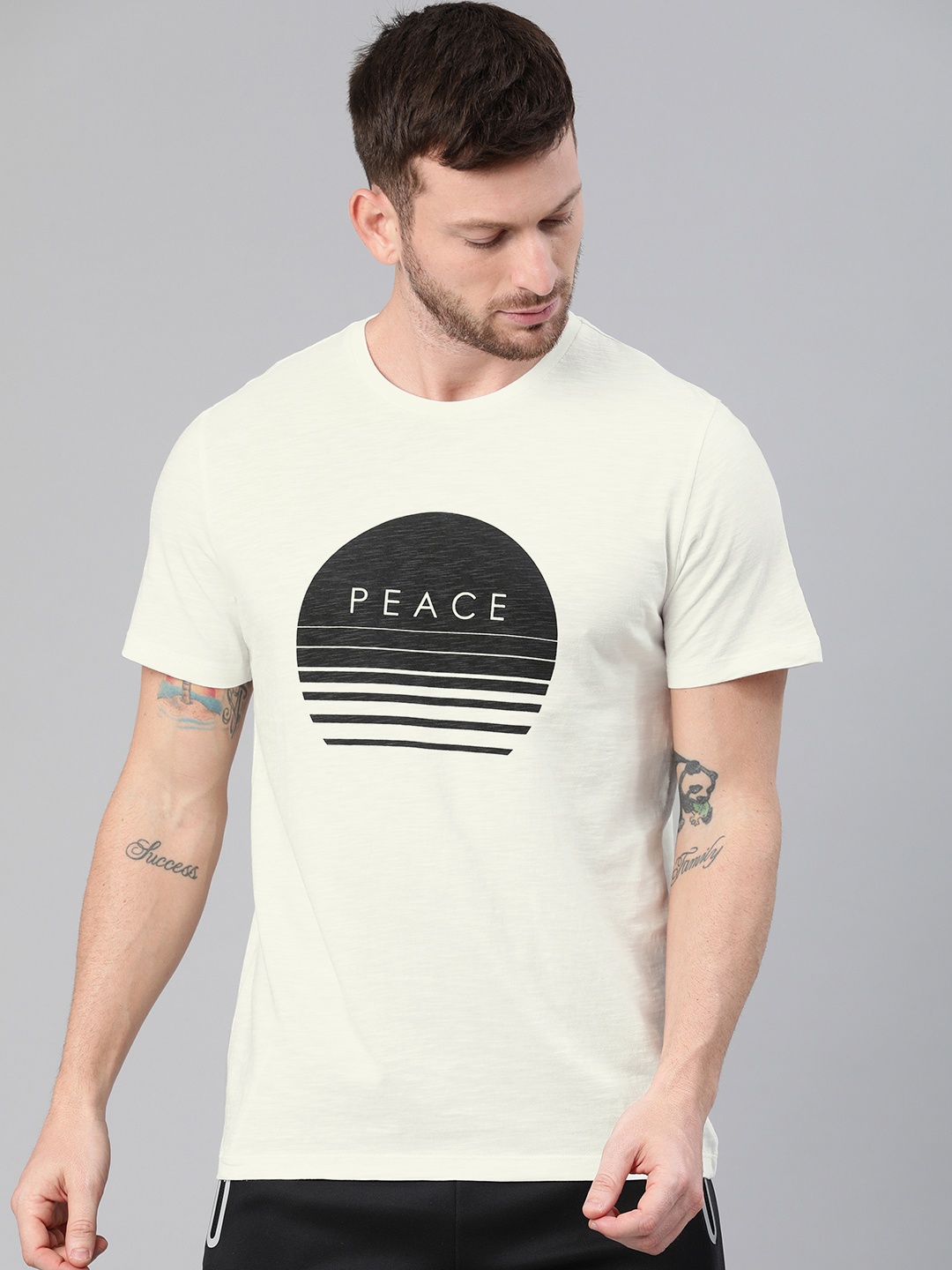 

HRX by Hrithik Roshan Men Off White Printed Bio-Wash Yoga Pure Cotton T-shirt