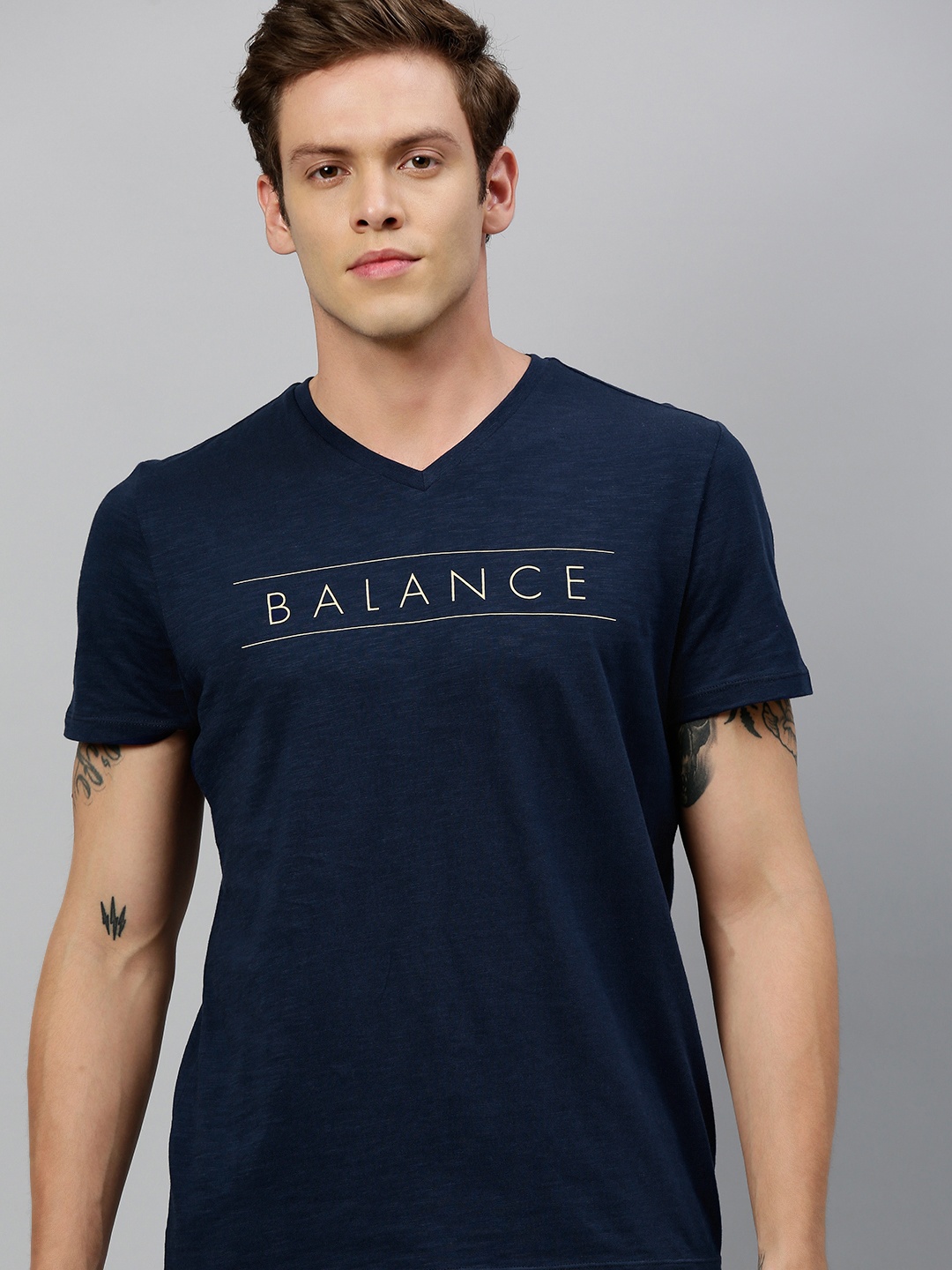 

HRX by Hrithik Roshan Men Navy Printed Bio-Wash Yoga Pure Cotton T-shirt, Navy blue