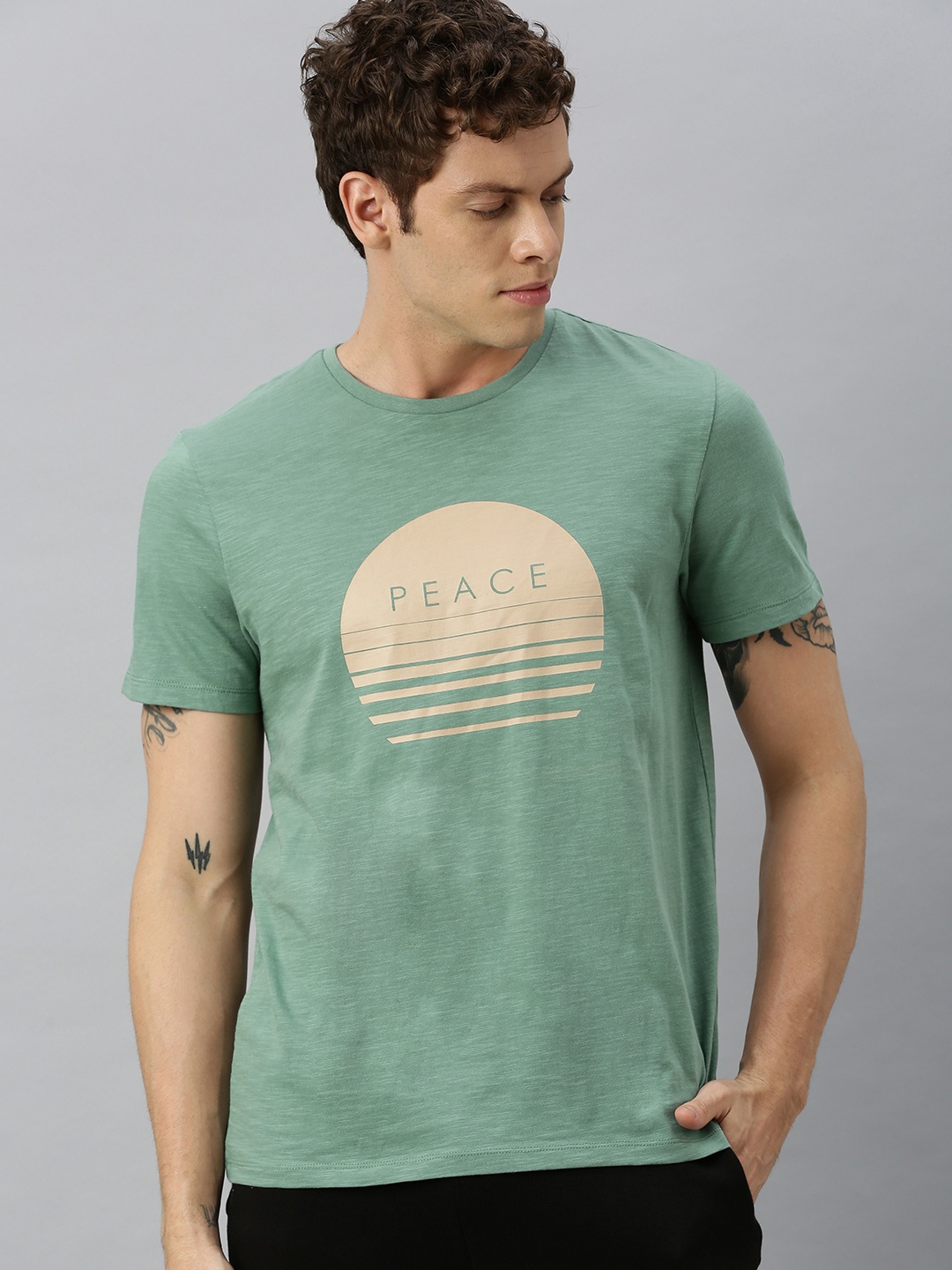 

HRX by Hrithik Roshan Men Green Printed Bio-Wash Yoga Pure Cotton T-shirt