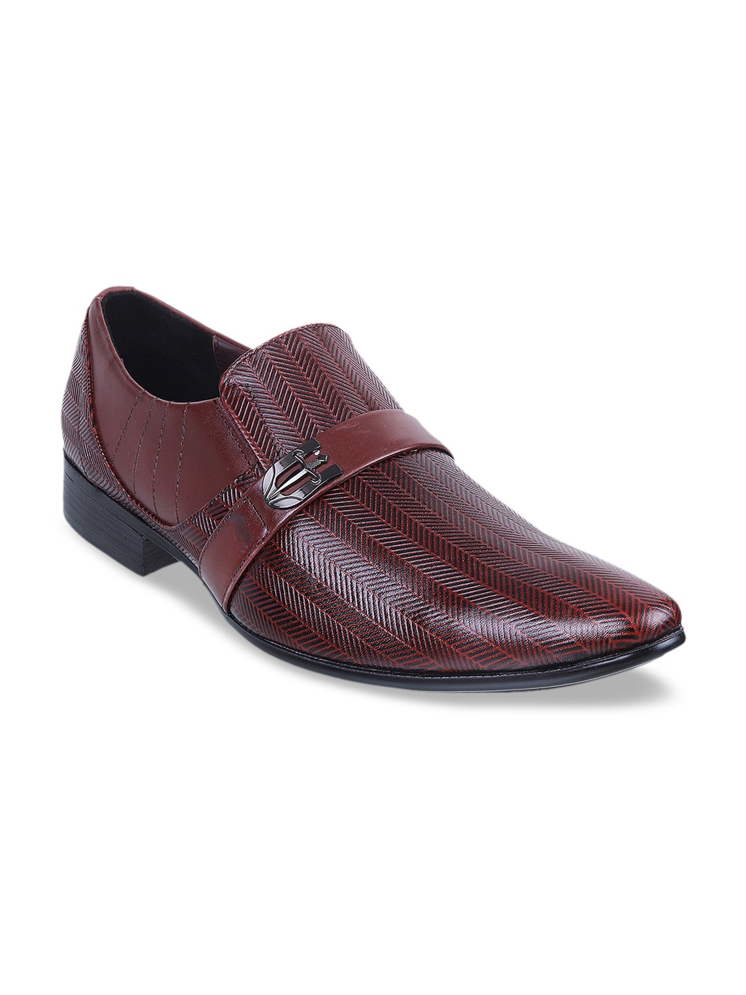 

Metro Men Maroon Textured Leather Formal Slip-Ons