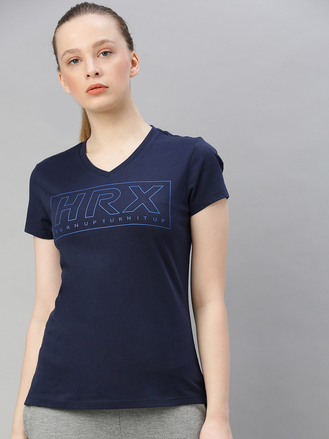 

HRX by Hrithik Roshan Women Navy Blue Brand Logo Print Bio-Wash Running Pure Cotton T-shirt