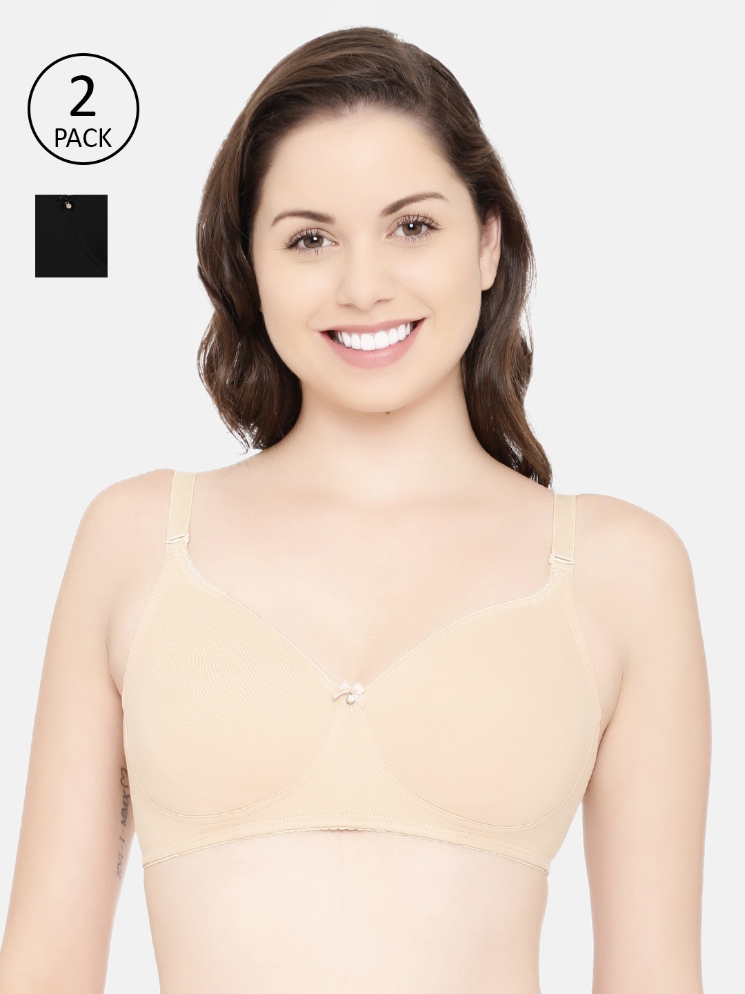 

Enamor Pack Of 2 Black & Beige Solid Non-Wired Non Padded T-shirt Bra