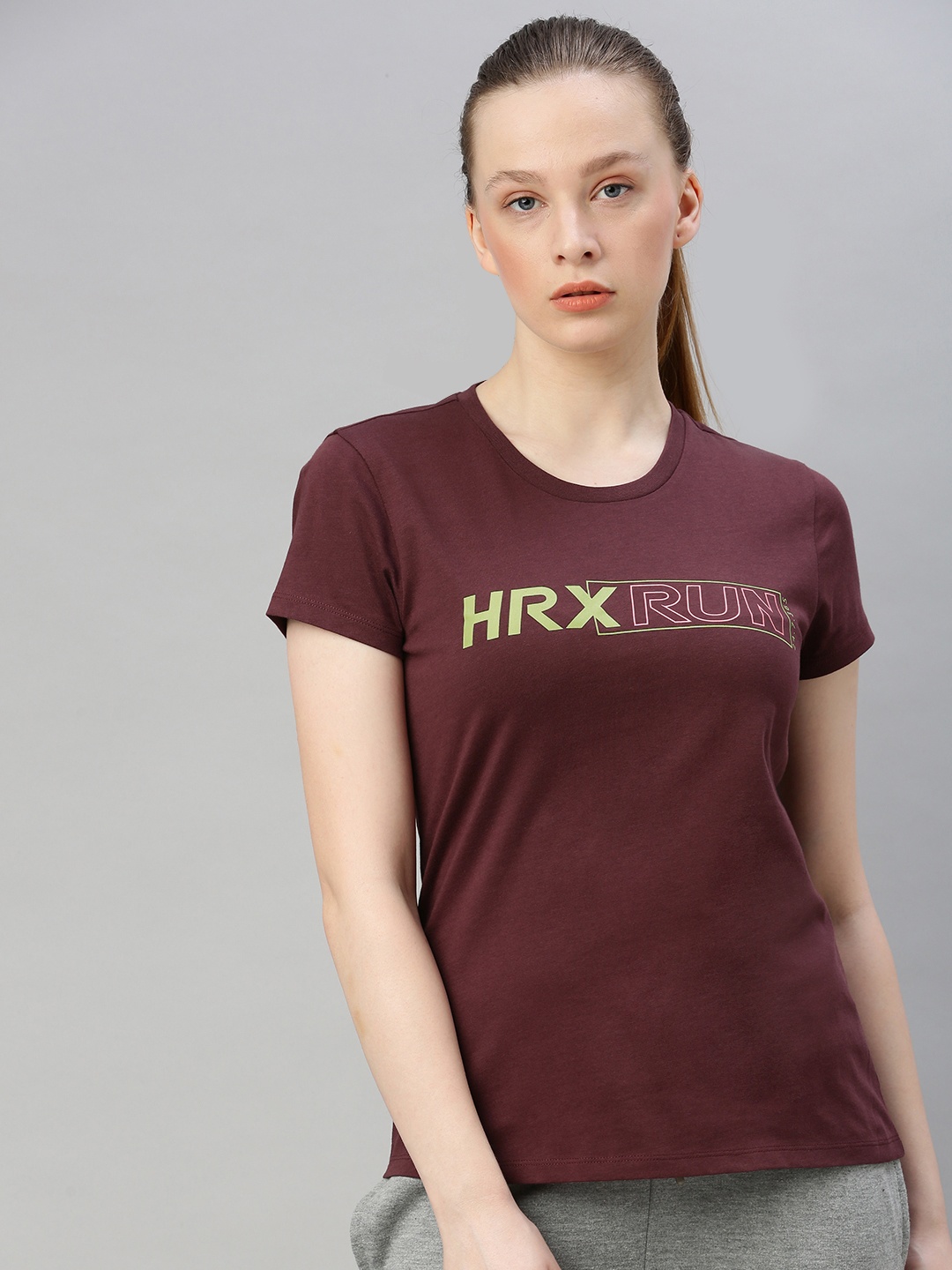 

HRX by Hrithik Roshan Women Burgundy Solid Bio-Wash Running Pure Cotton T-shirts