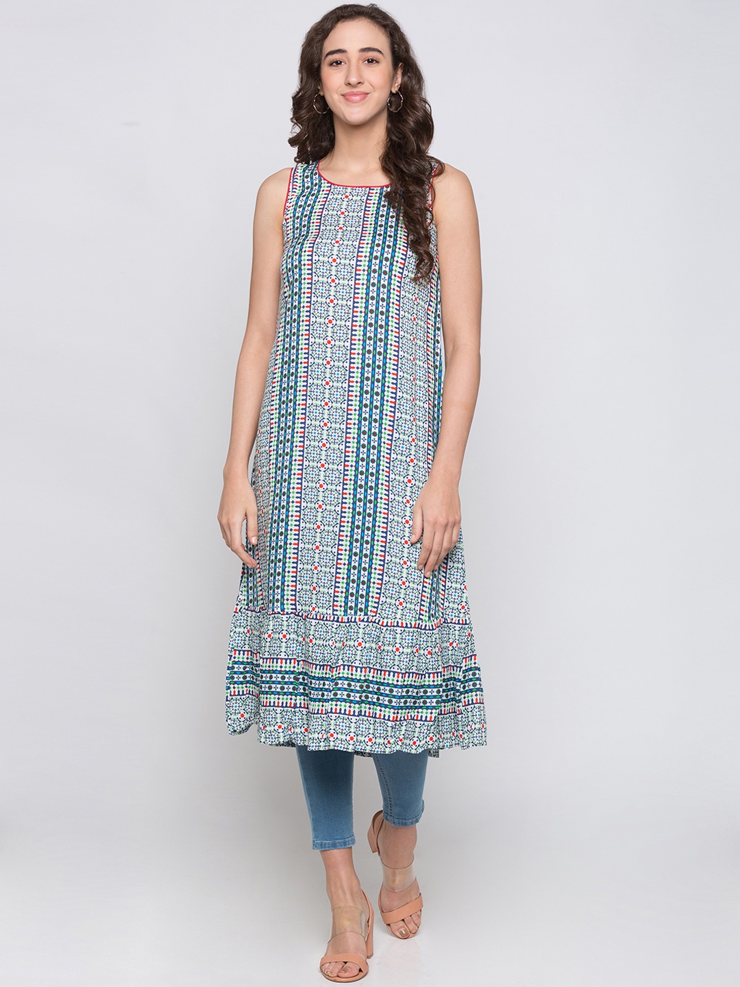 

Globus Women Blue & White Printed A-Line Kurta