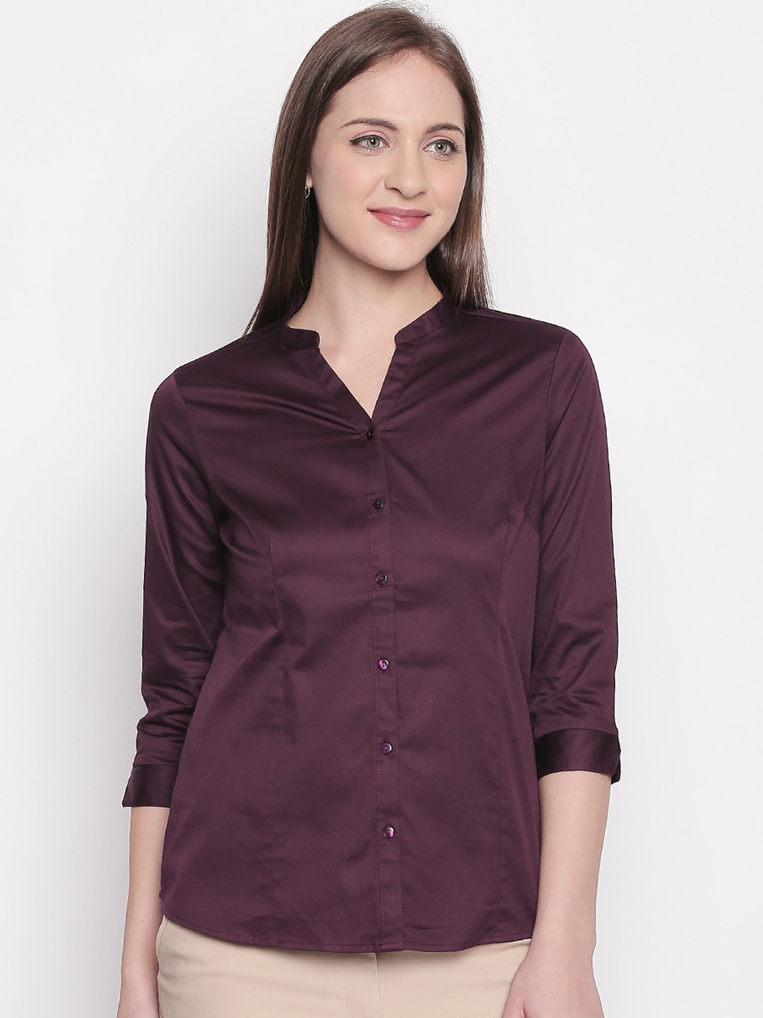 

Annabelle by Pantaloons Women Burgundy Regular Fit Solid Formal Shirt