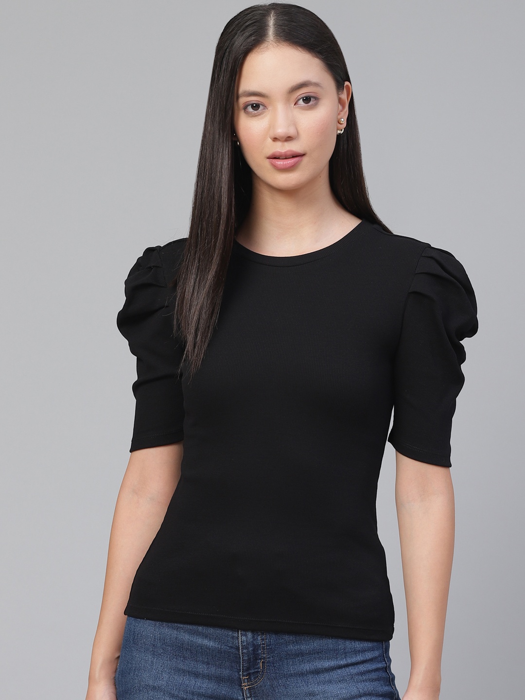 

VividArtsy Black Ribbed Puff Sleeves Fitted Top