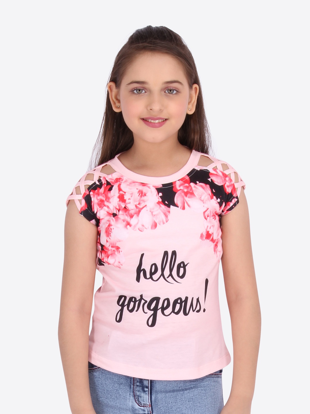 

CUTECUMBER Girls Peach-Coloured Printed T-Shirt
