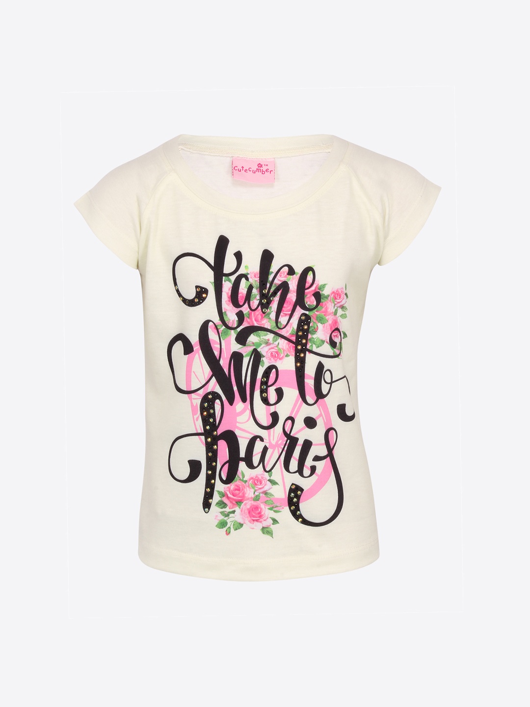 

CUTECUMBER Girls Cream-Coloured & Black Typography Print T-shirt