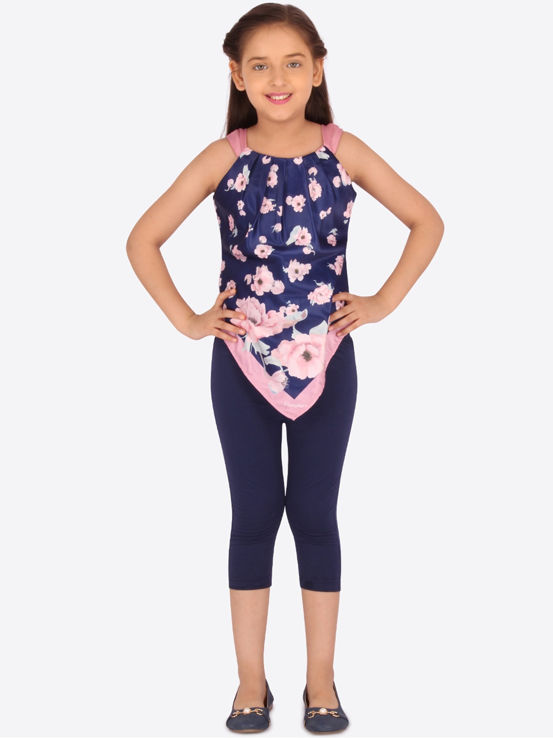 

CUTECUMBER Girls Navy Blue & Pink Printed Top with Capris