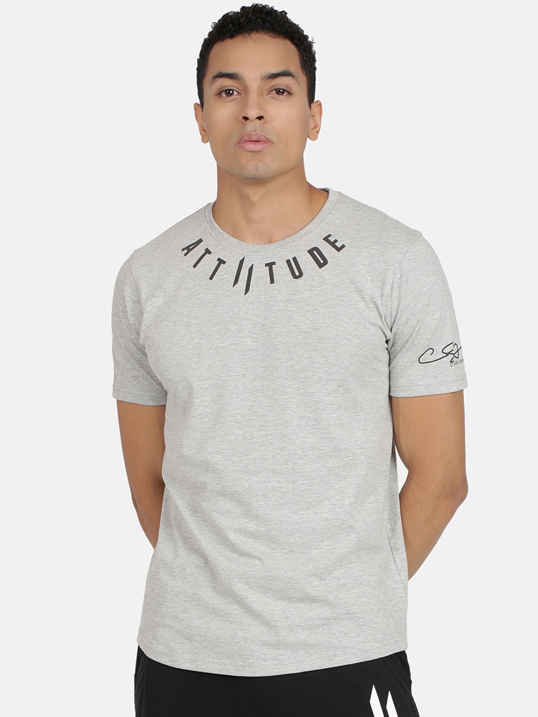 

ATTIITUDE Men Grey Melange Printed Round Neck Pure Cotton Slim Fit T-shirt