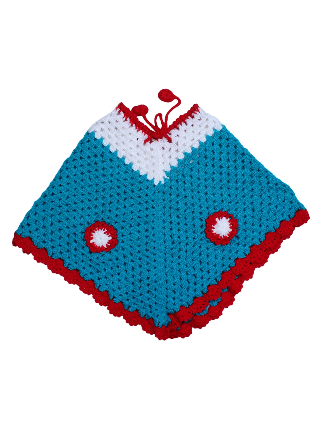 

Superminis Girls Teal Blue & White Self Design Poncho Woolen Sweater