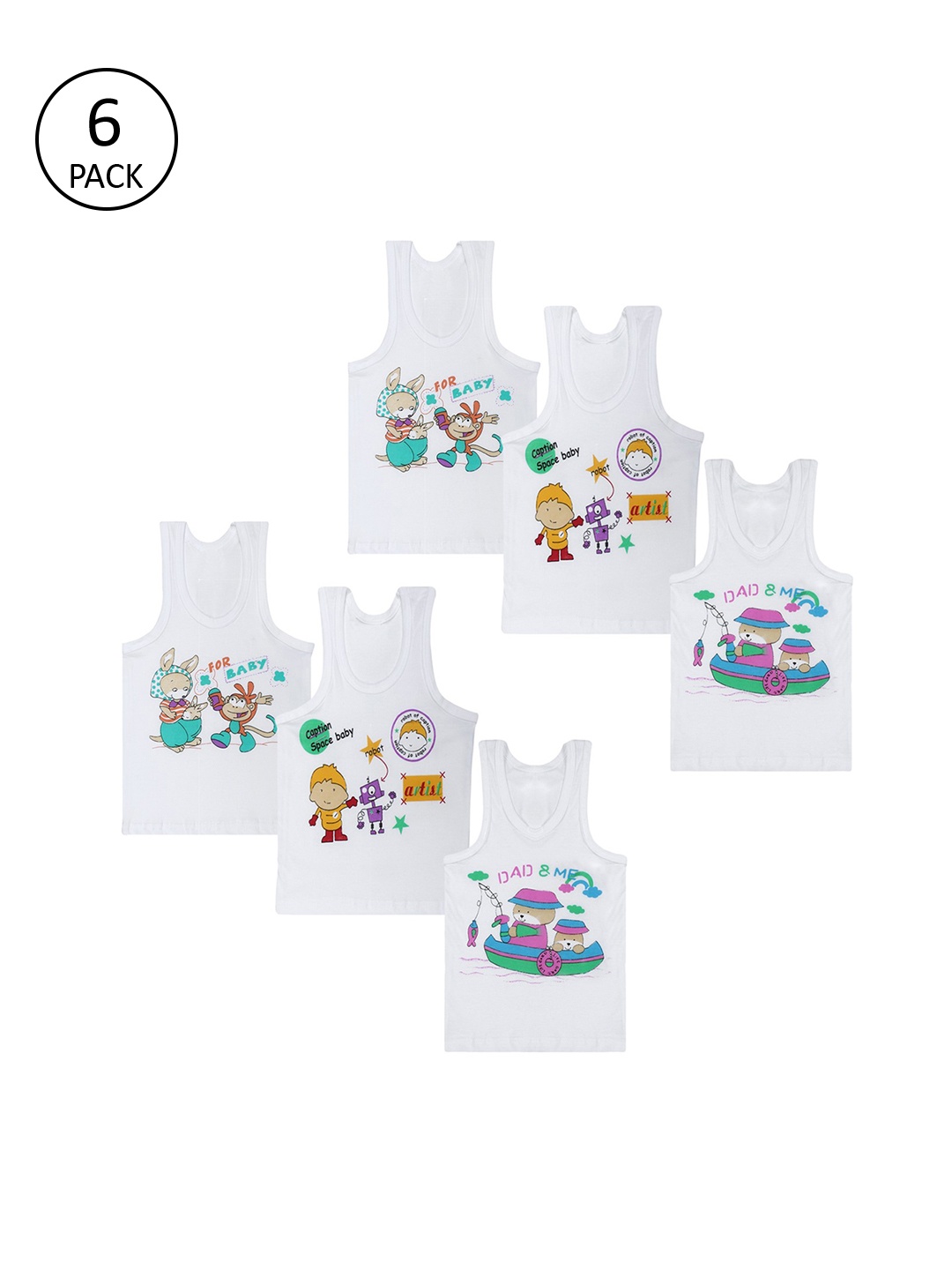 

Superminis Infants Pack Of 6 White Printed Innerwear Vests 50050-SMCOBVWH