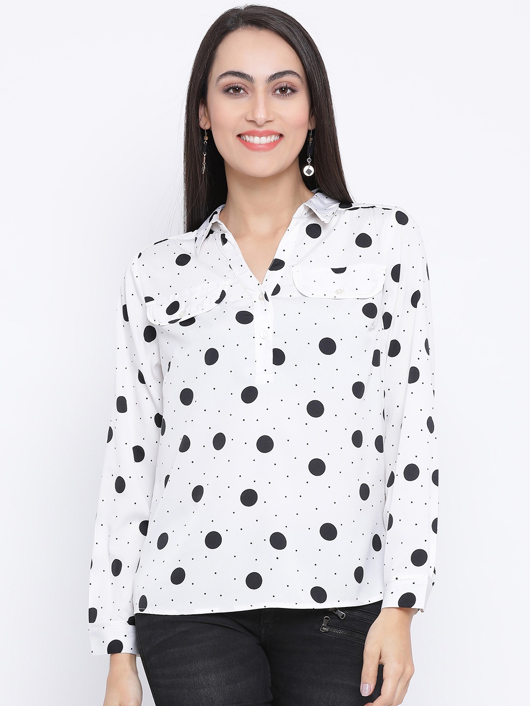 

Oxolloxo Women White & Black Polka Dot Printed Top