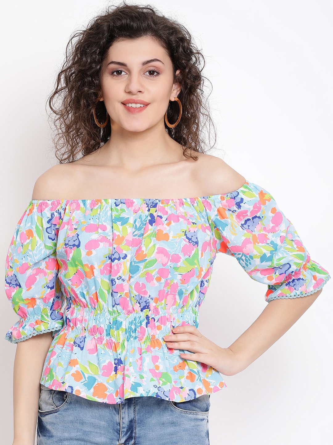 

Oxolloxo Women Blue Printed Bardot Pure Cotton Top
