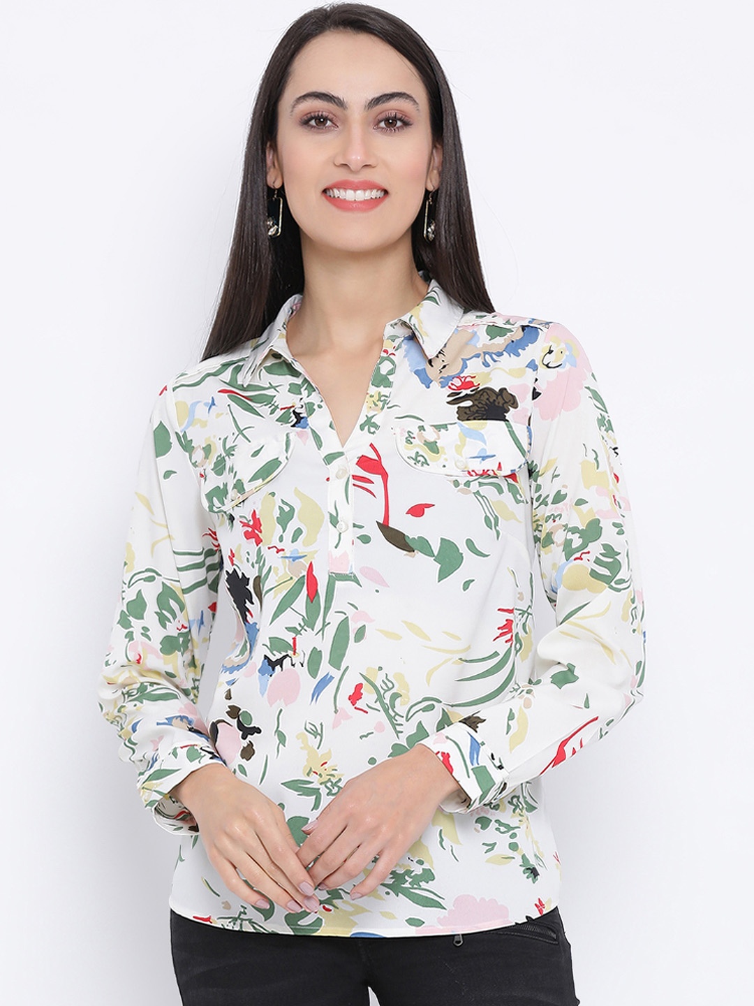

Oxolloxo Women Off-White Printed Shirt Style Top