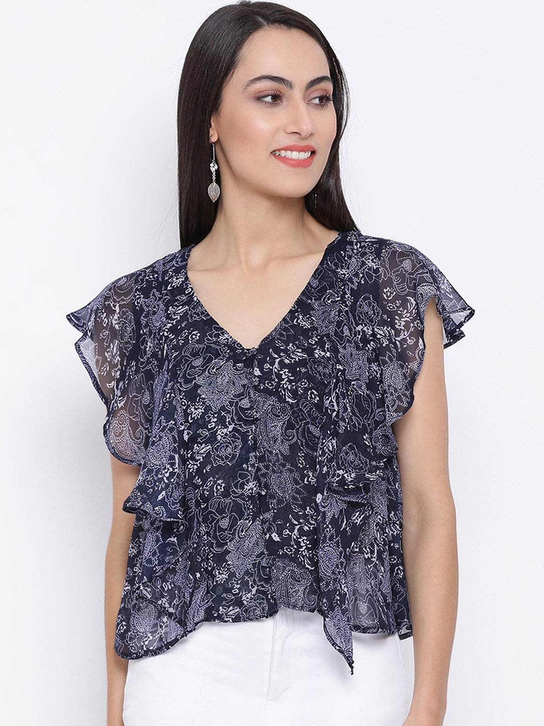 

Oxolloxo Women Navy Blue & Off-White Floral Printed A-Line Top