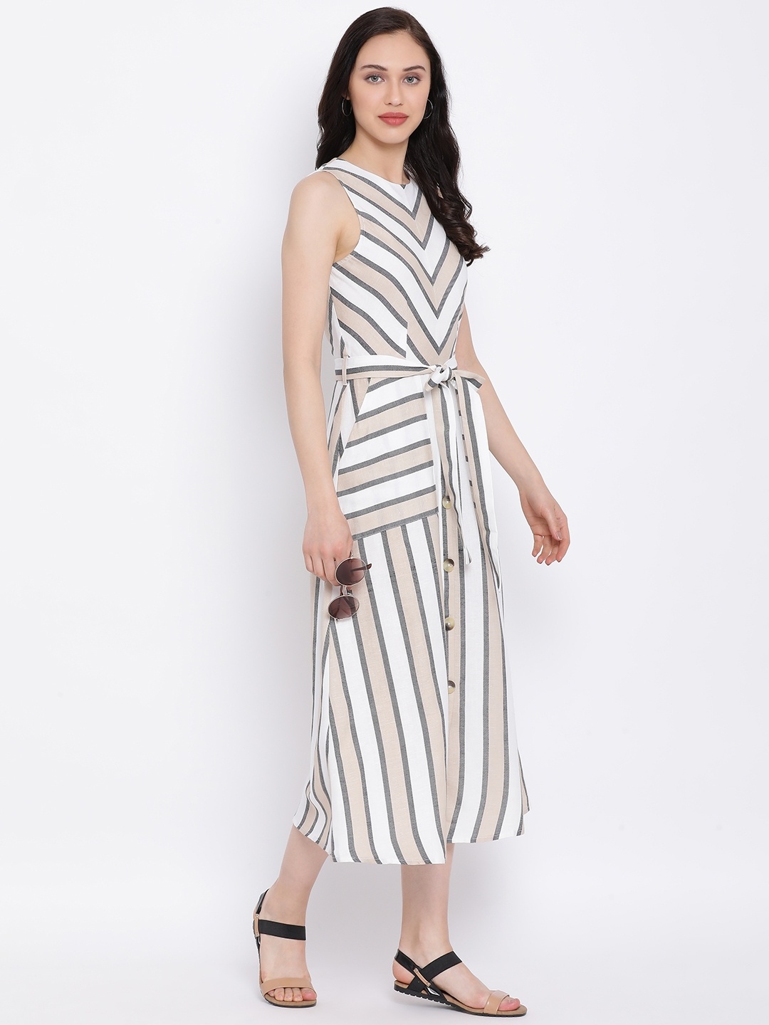 

Oxolloxo Women Taupe & White Striped Fit and Flare Dress