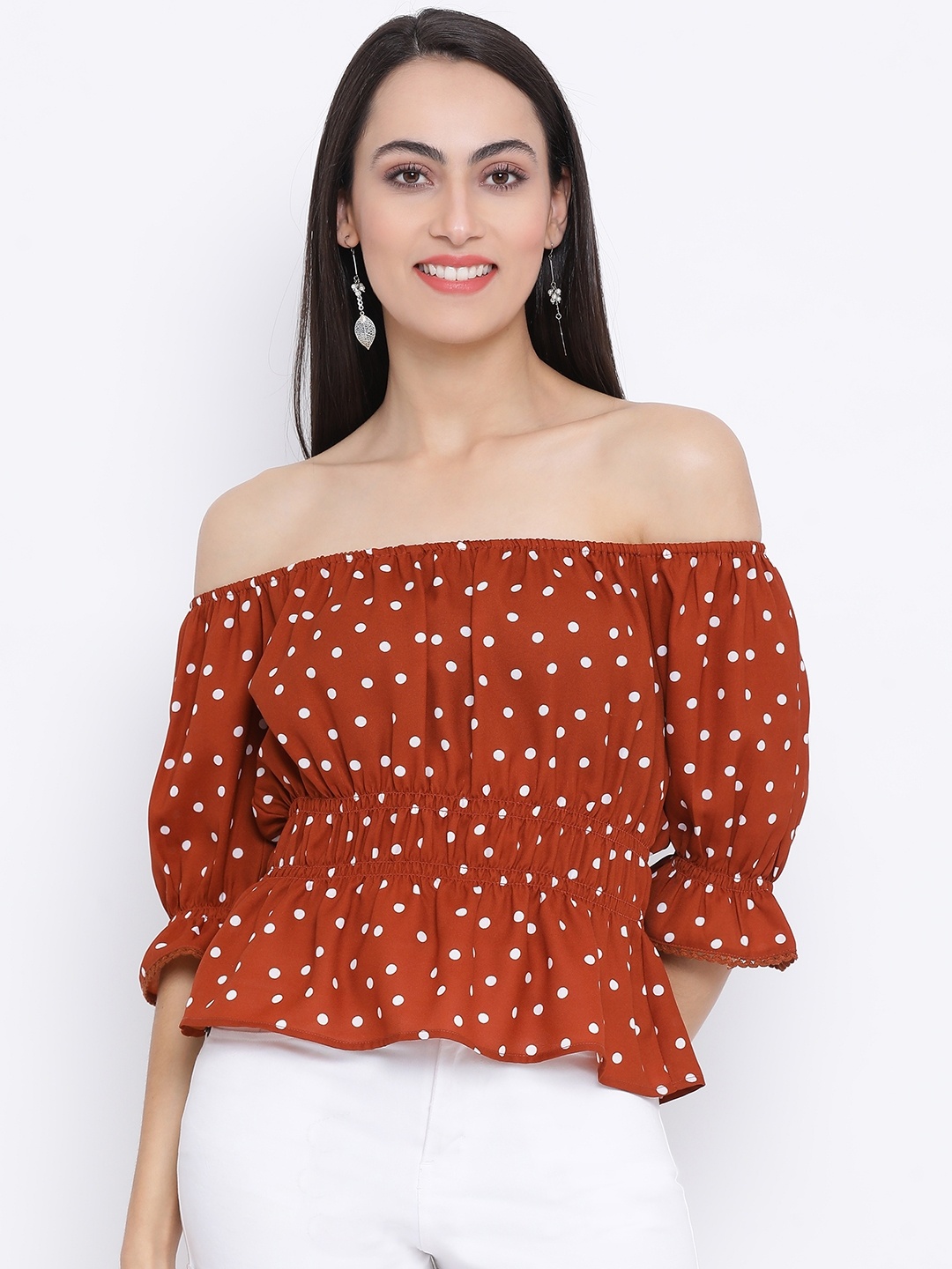 

Oxolloxo Women Rust Printed Bardot Top