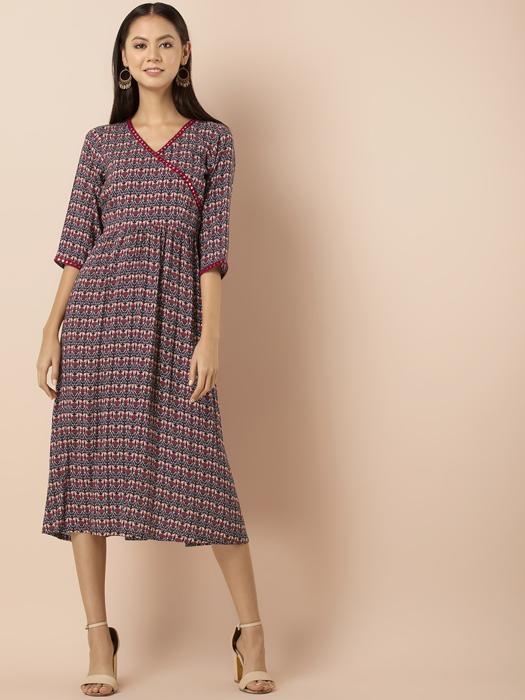 

INDYA Women Peach-Coloured Printed Wrap Dress